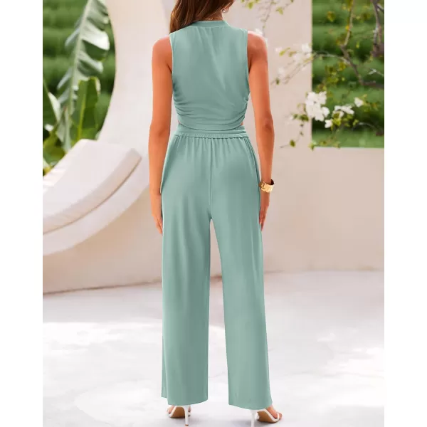 imageBTFBM Women Summer 2 Piece Outfits Ribbed Knit Crew Neck Sleeveless Cropped Top Elastic Waist Wide Leg Pants Lounge SetSolid Fruit Green