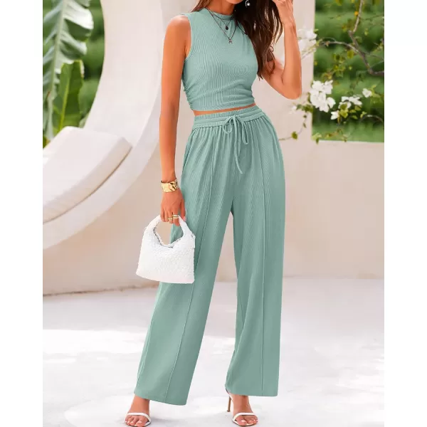 imageBTFBM Women Summer 2 Piece Outfits Ribbed Knit Crew Neck Sleeveless Cropped Top Elastic Waist Wide Leg Pants Lounge SetSolid Fruit Green