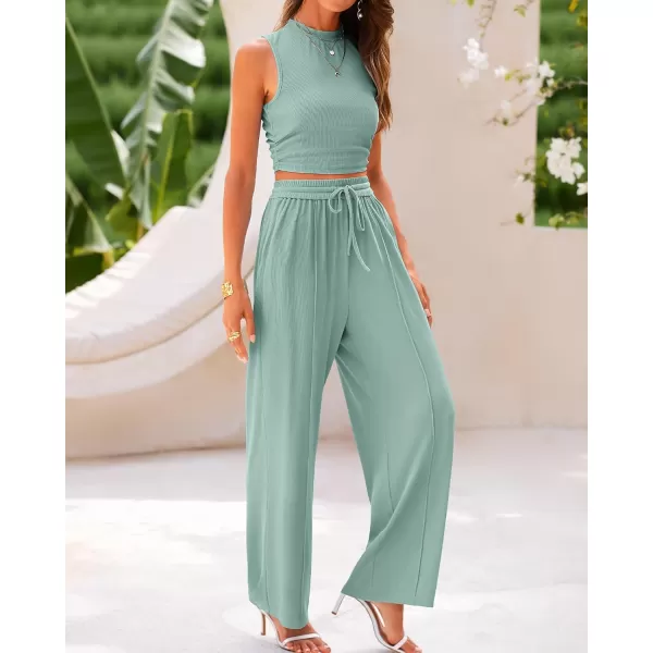imageBTFBM Women Summer 2 Piece Outfits Ribbed Knit Crew Neck Sleeveless Cropped Top Elastic Waist Wide Leg Pants Lounge SetSolid Fruit Green