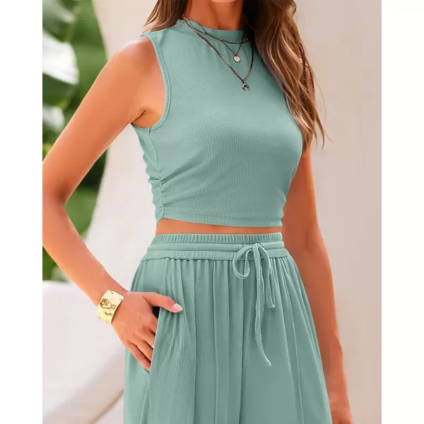 imageBTFBM Women Summer 2 Piece Outfits Ribbed Knit Crew Neck Sleeveless Cropped Top Elastic Waist Wide Leg Pants Lounge SetSolid Fruit Green