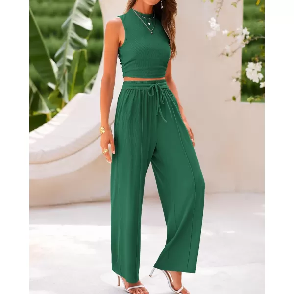 imageBTFBM Women Summer 2 Piece Outfits Ribbed Knit Crew Neck Sleeveless Cropped Top Elastic Waist Wide Leg Pants Lounge SetSolid Green