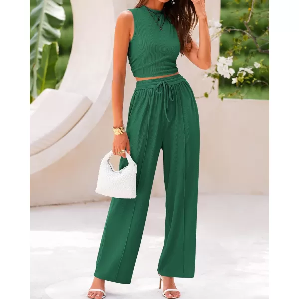 imageBTFBM Women Summer 2 Piece Outfits Ribbed Knit Crew Neck Sleeveless Cropped Top Elastic Waist Wide Leg Pants Lounge SetSolid Green