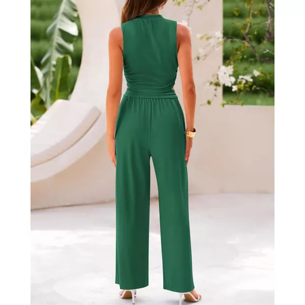imageBTFBM Women Summer 2 Piece Outfits Ribbed Knit Crew Neck Sleeveless Cropped Top Elastic Waist Wide Leg Pants Lounge SetSolid Green