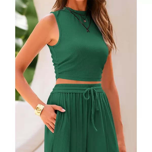 imageBTFBM Women Summer 2 Piece Outfits Ribbed Knit Crew Neck Sleeveless Cropped Top Elastic Waist Wide Leg Pants Lounge SetSolid Green