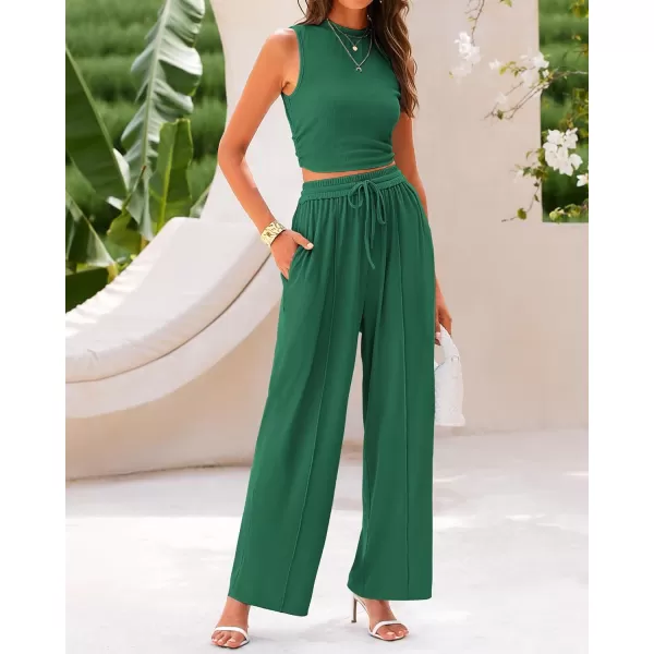 imageBTFBM Women Summer 2 Piece Outfits Ribbed Knit Crew Neck Sleeveless Cropped Top Elastic Waist Wide Leg Pants Lounge SetSolid Green