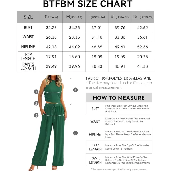 imageBTFBM Women Summer 2 Piece Outfits Ribbed Knit Crew Neck Sleeveless Cropped Top Elastic Waist Wide Leg Pants Lounge SetSolid Green