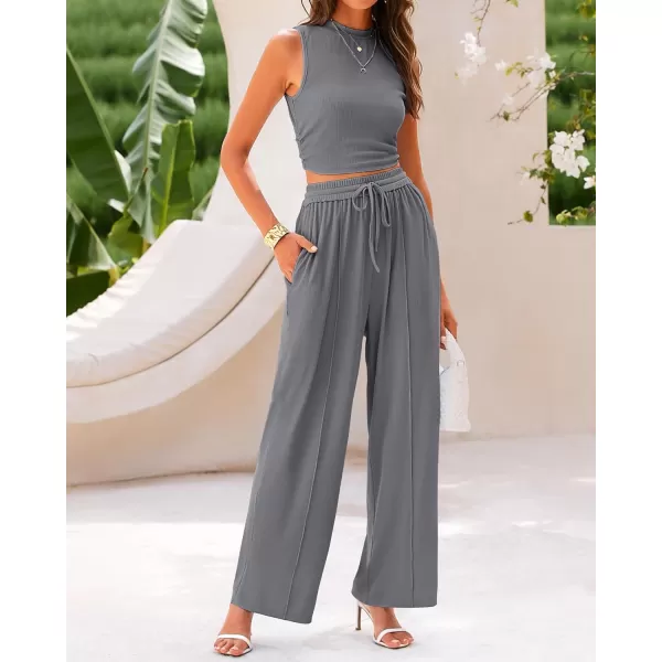 imageBTFBM Women Summer 2 Piece Outfits Ribbed Knit Crew Neck Sleeveless Cropped Top Elastic Waist Wide Leg Pants Lounge SetSolid Grey
