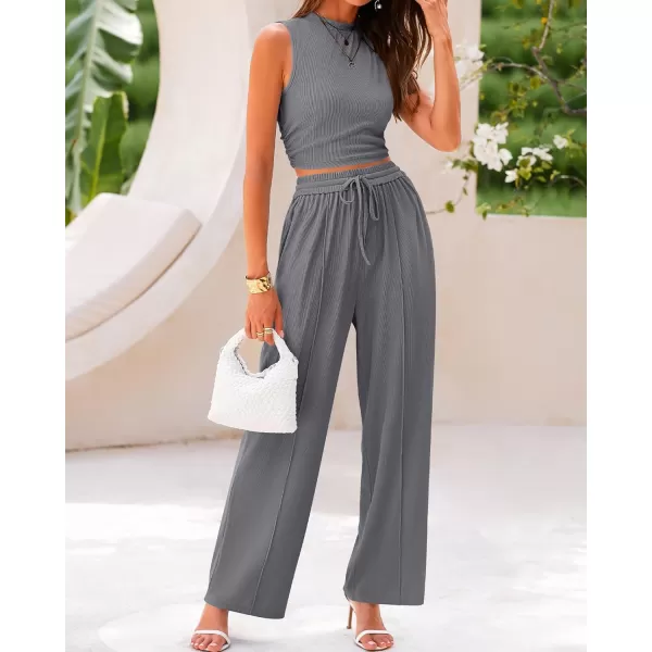 imageBTFBM Women Summer 2 Piece Outfits Ribbed Knit Crew Neck Sleeveless Cropped Top Elastic Waist Wide Leg Pants Lounge SetSolid Grey