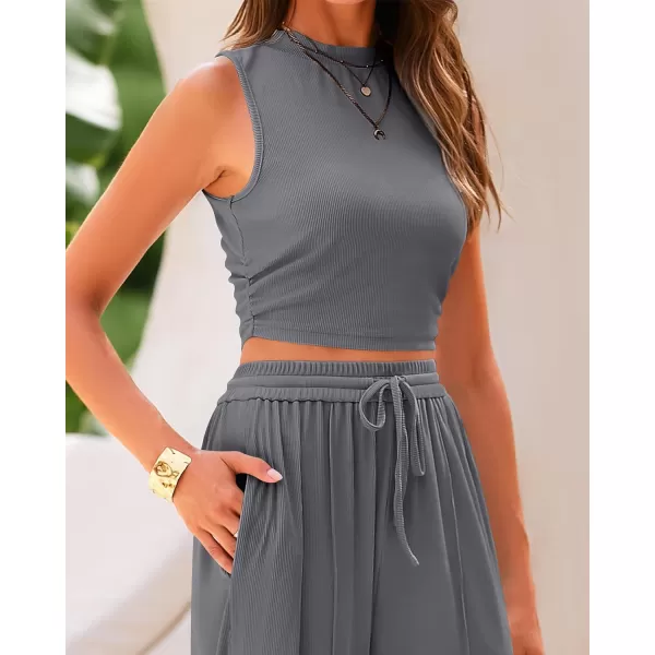 imageBTFBM Women Summer 2 Piece Outfits Ribbed Knit Crew Neck Sleeveless Cropped Top Elastic Waist Wide Leg Pants Lounge SetSolid Grey