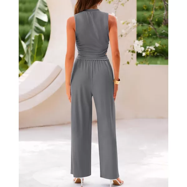 imageBTFBM Women Summer 2 Piece Outfits Ribbed Knit Crew Neck Sleeveless Cropped Top Elastic Waist Wide Leg Pants Lounge SetSolid Grey