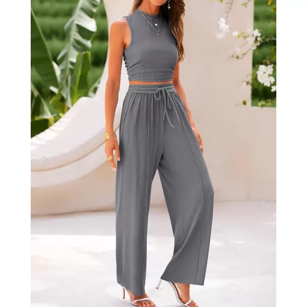 imageBTFBM Women Summer 2 Piece Outfits Ribbed Knit Crew Neck Sleeveless Cropped Top Elastic Waist Wide Leg Pants Lounge SetSolid Grey