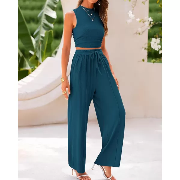 imageBTFBM Women Summer 2 Piece Outfits Ribbed Knit Crew Neck Sleeveless Cropped Top Elastic Waist Wide Leg Pants Lounge SetSolid Lake Blue