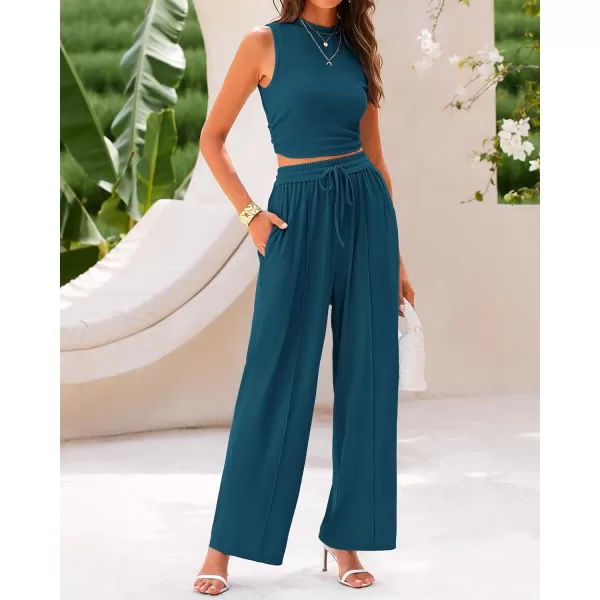 imageBTFBM Women Summer 2 Piece Outfits Ribbed Knit Crew Neck Sleeveless Cropped Top Elastic Waist Wide Leg Pants Lounge SetSolid Lake Blue