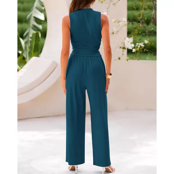 imageBTFBM Women Summer 2 Piece Outfits Ribbed Knit Crew Neck Sleeveless Cropped Top Elastic Waist Wide Leg Pants Lounge SetSolid Lake Blue
