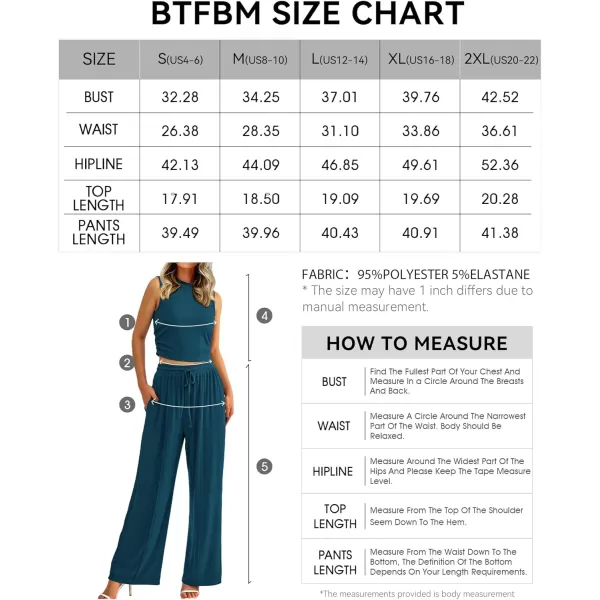 imageBTFBM Women Summer 2 Piece Outfits Ribbed Knit Crew Neck Sleeveless Cropped Top Elastic Waist Wide Leg Pants Lounge SetSolid Lake Blue