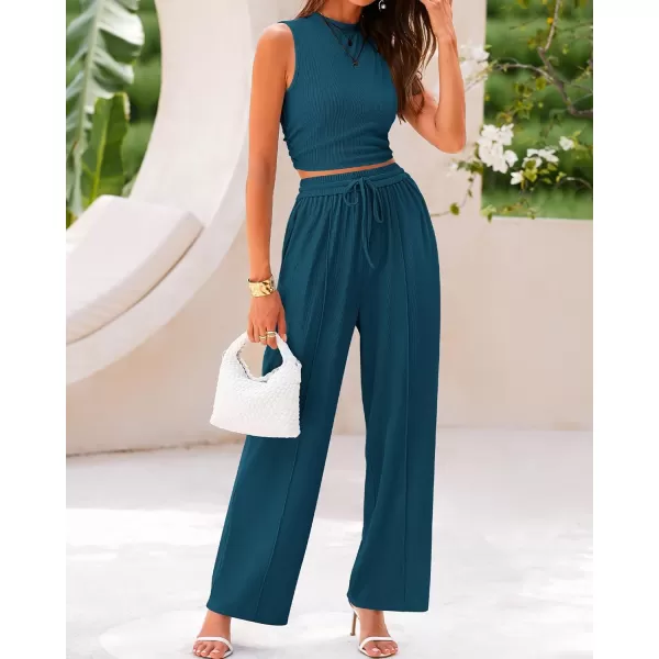 imageBTFBM Women Summer 2 Piece Outfits Ribbed Knit Crew Neck Sleeveless Cropped Top Elastic Waist Wide Leg Pants Lounge SetSolid Lake Blue