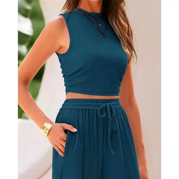 imageBTFBM Women Summer 2 Piece Outfits Ribbed Knit Crew Neck Sleeveless Cropped Top Elastic Waist Wide Leg Pants Lounge SetSolid Lake Blue