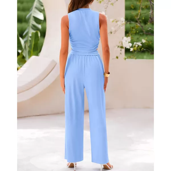 imageBTFBM Women Summer 2 Piece Outfits Ribbed Knit Crew Neck Sleeveless Cropped Top Elastic Waist Wide Leg Pants Lounge SetSolid Light Blue