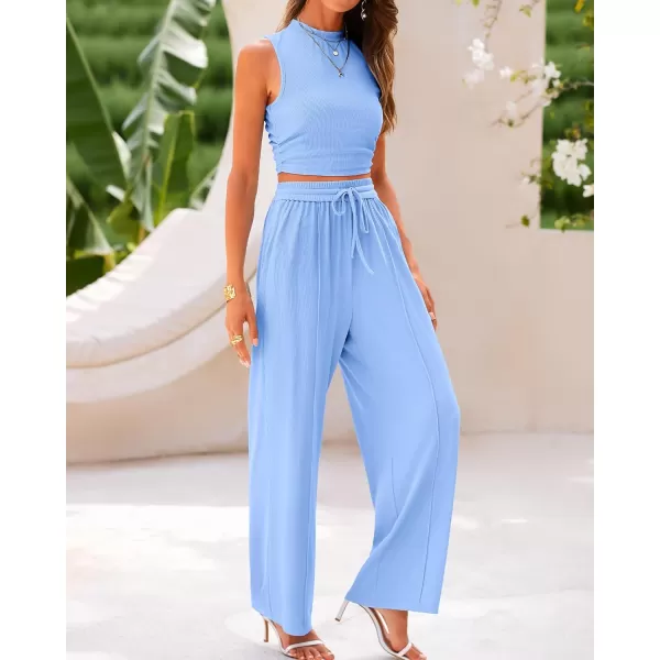 imageBTFBM Women Summer 2 Piece Outfits Ribbed Knit Crew Neck Sleeveless Cropped Top Elastic Waist Wide Leg Pants Lounge SetSolid Light Blue
