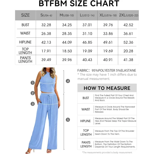 imageBTFBM Women Summer 2 Piece Outfits Ribbed Knit Crew Neck Sleeveless Cropped Top Elastic Waist Wide Leg Pants Lounge SetSolid Light Blue