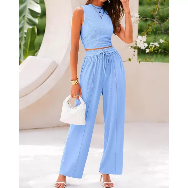 imageBTFBM Women Summer 2 Piece Outfits Ribbed Knit Crew Neck Sleeveless Cropped Top Elastic Waist Wide Leg Pants Lounge SetSolid Light Blue