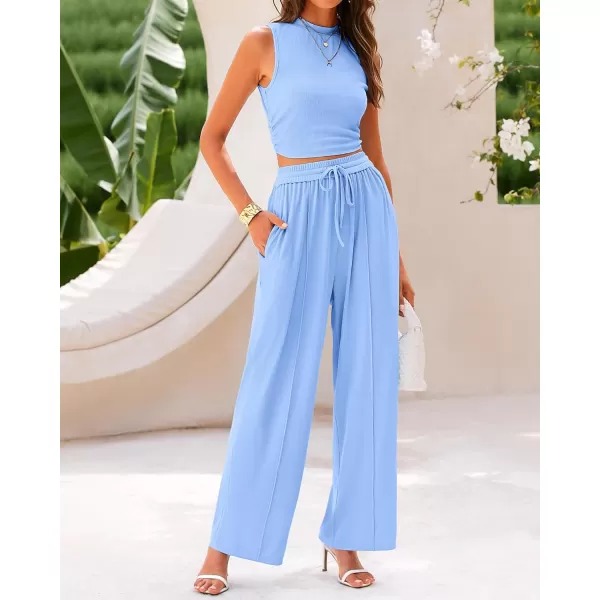 imageBTFBM Women Summer 2 Piece Outfits Ribbed Knit Crew Neck Sleeveless Cropped Top Elastic Waist Wide Leg Pants Lounge SetSolid Light Blue