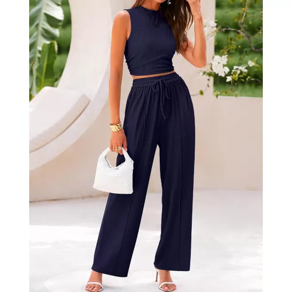 imageBTFBM Women Summer 2 Piece Outfits Ribbed Knit Crew Neck Sleeveless Cropped Top Elastic Waist Wide Leg Pants Lounge SetSolid Navy