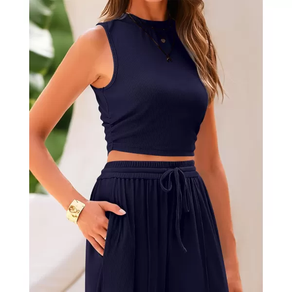 imageBTFBM Women Summer 2 Piece Outfits Ribbed Knit Crew Neck Sleeveless Cropped Top Elastic Waist Wide Leg Pants Lounge SetSolid Navy
