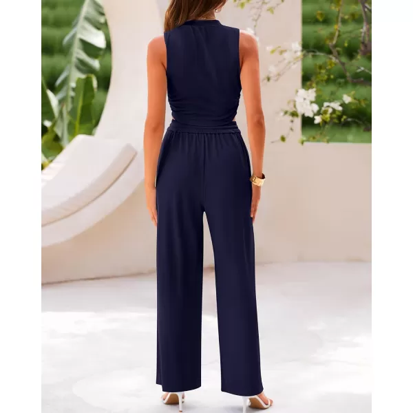 imageBTFBM Women Summer 2 Piece Outfits Ribbed Knit Crew Neck Sleeveless Cropped Top Elastic Waist Wide Leg Pants Lounge SetSolid Navy