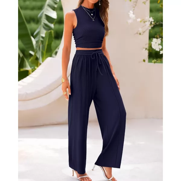 imageBTFBM Women Summer 2 Piece Outfits Ribbed Knit Crew Neck Sleeveless Cropped Top Elastic Waist Wide Leg Pants Lounge SetSolid Navy