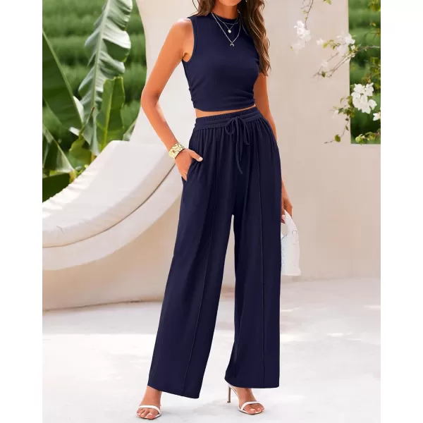 imageBTFBM Women Summer 2 Piece Outfits Ribbed Knit Crew Neck Sleeveless Cropped Top Elastic Waist Wide Leg Pants Lounge SetSolid Navy