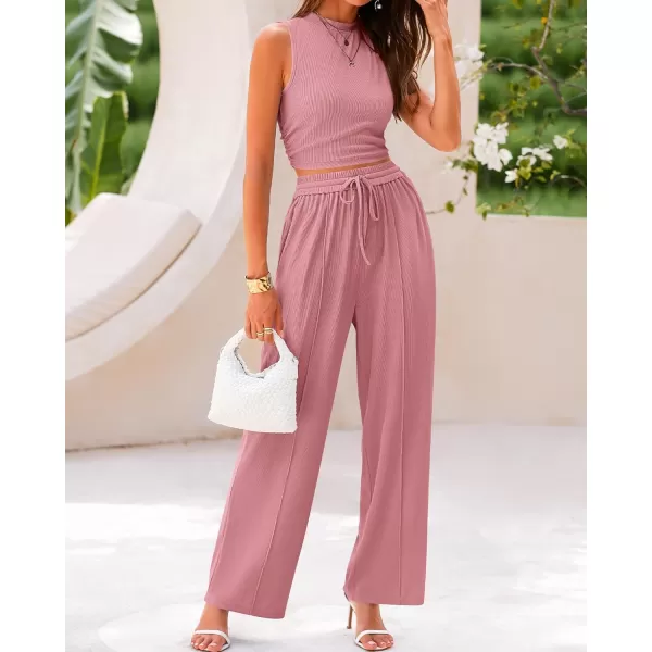 imageBTFBM Women Summer 2 Piece Outfits Ribbed Knit Crew Neck Sleeveless Cropped Top Elastic Waist Wide Leg Pants Lounge SetSolid Pink