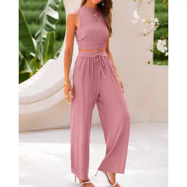 imageBTFBM Women Summer 2 Piece Outfits Ribbed Knit Crew Neck Sleeveless Cropped Top Elastic Waist Wide Leg Pants Lounge SetSolid Pink