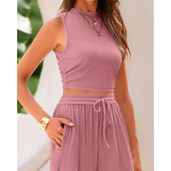 imageBTFBM Women Summer 2 Piece Outfits Ribbed Knit Crew Neck Sleeveless Cropped Top Elastic Waist Wide Leg Pants Lounge SetSolid Pink