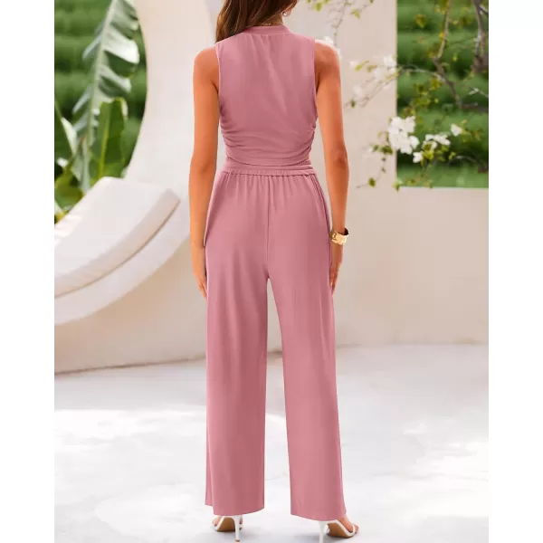 imageBTFBM Women Summer 2 Piece Outfits Ribbed Knit Crew Neck Sleeveless Cropped Top Elastic Waist Wide Leg Pants Lounge SetSolid Pink