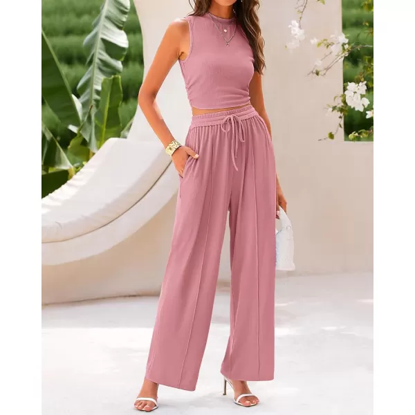 imageBTFBM Women Summer 2 Piece Outfits Ribbed Knit Crew Neck Sleeveless Cropped Top Elastic Waist Wide Leg Pants Lounge SetSolid Pink