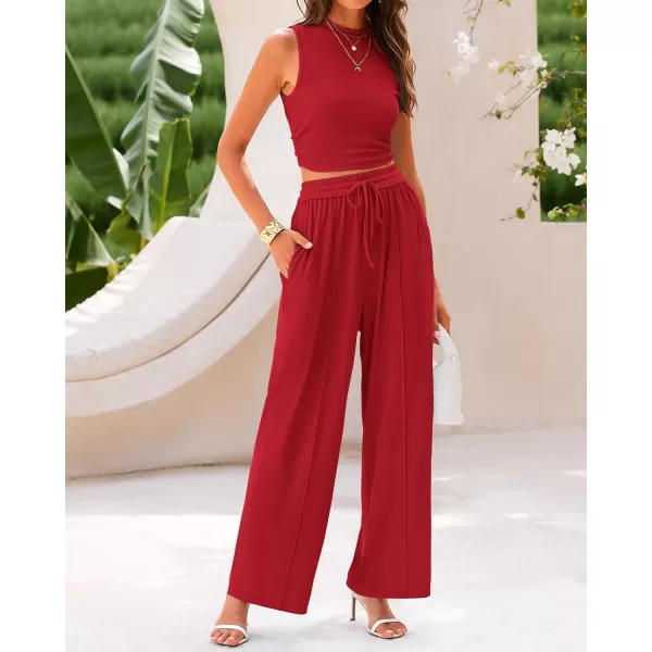 imageBTFBM Women Summer 2 Piece Outfits Ribbed Knit Crew Neck Sleeveless Cropped Top Elastic Waist Wide Leg Pants Lounge SetSolid Red