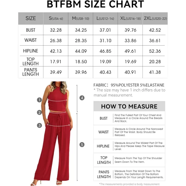 imageBTFBM Women Summer 2 Piece Outfits Ribbed Knit Crew Neck Sleeveless Cropped Top Elastic Waist Wide Leg Pants Lounge SetSolid Red