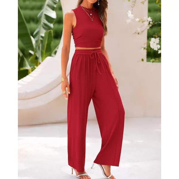 imageBTFBM Women Summer 2 Piece Outfits Ribbed Knit Crew Neck Sleeveless Cropped Top Elastic Waist Wide Leg Pants Lounge SetSolid Red
