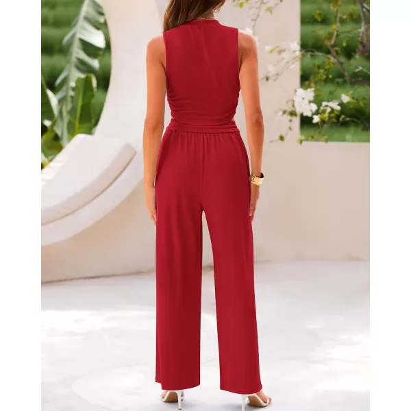 imageBTFBM Women Summer 2 Piece Outfits Ribbed Knit Crew Neck Sleeveless Cropped Top Elastic Waist Wide Leg Pants Lounge SetSolid Red