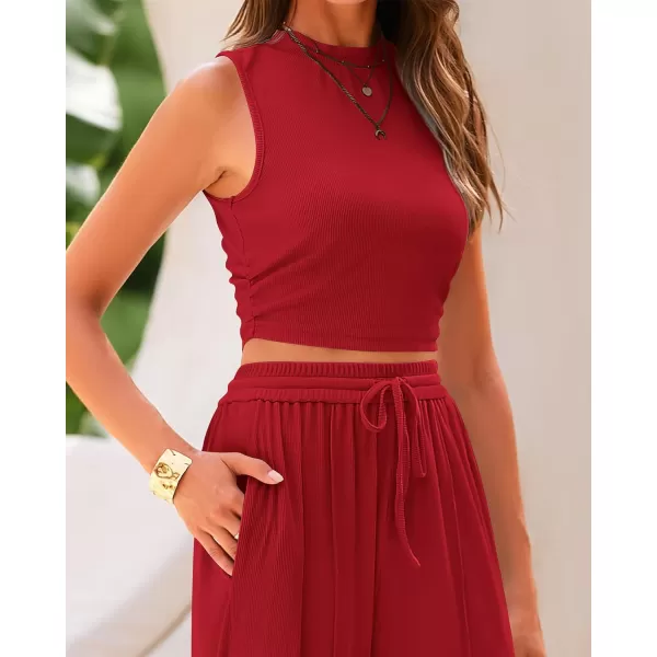 imageBTFBM Women Summer 2 Piece Outfits Ribbed Knit Crew Neck Sleeveless Cropped Top Elastic Waist Wide Leg Pants Lounge SetSolid Red