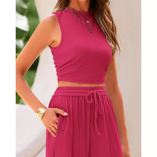 imageBTFBM Women Summer 2 Piece Outfits Ribbed Knit Crew Neck Sleeveless Cropped Top Elastic Waist Wide Leg Pants Lounge SetSolid Rose Red