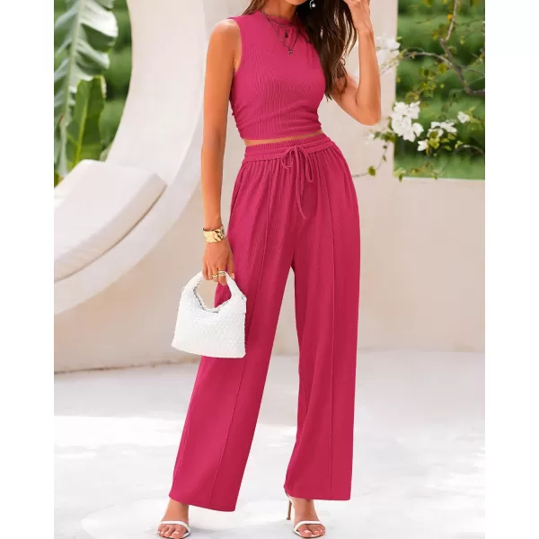 imageBTFBM Women Summer 2 Piece Outfits Ribbed Knit Crew Neck Sleeveless Cropped Top Elastic Waist Wide Leg Pants Lounge SetSolid Rose Red