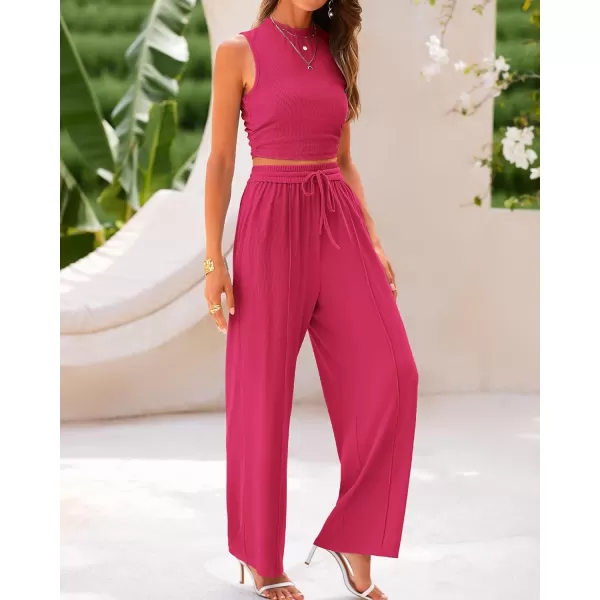 imageBTFBM Women Summer 2 Piece Outfits Ribbed Knit Crew Neck Sleeveless Cropped Top Elastic Waist Wide Leg Pants Lounge SetSolid Rose Red