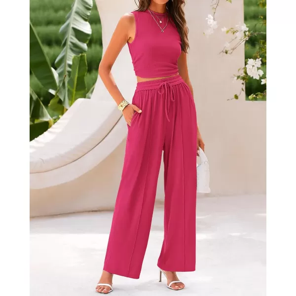 imageBTFBM Women Summer 2 Piece Outfits Ribbed Knit Crew Neck Sleeveless Cropped Top Elastic Waist Wide Leg Pants Lounge SetSolid Rose Red