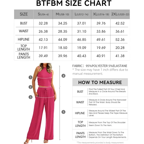 imageBTFBM Women Summer 2 Piece Outfits Ribbed Knit Crew Neck Sleeveless Cropped Top Elastic Waist Wide Leg Pants Lounge SetSolid Rose Red