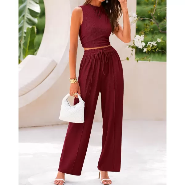 imageBTFBM Women Summer 2 Piece Outfits Ribbed Knit Crew Neck Sleeveless Cropped Top Elastic Waist Wide Leg Pants Lounge SetSolid Wine Red