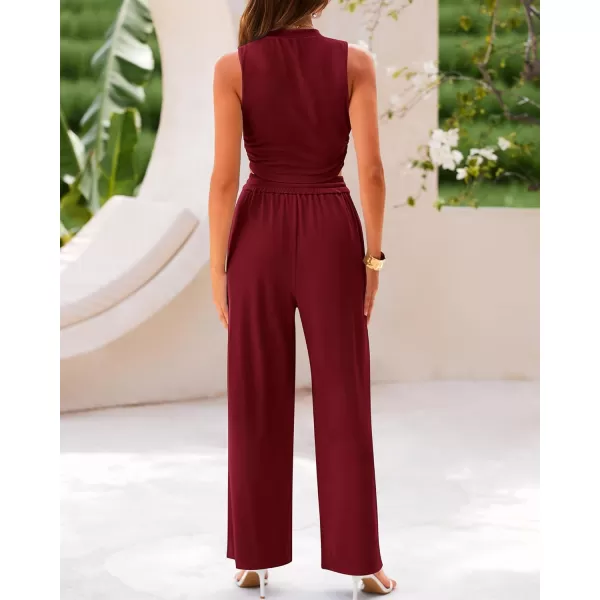 imageBTFBM Women Summer 2 Piece Outfits Ribbed Knit Crew Neck Sleeveless Cropped Top Elastic Waist Wide Leg Pants Lounge SetSolid Wine Red