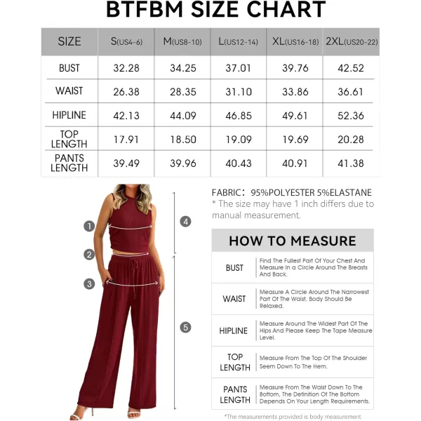 imageBTFBM Women Summer 2 Piece Outfits Ribbed Knit Crew Neck Sleeveless Cropped Top Elastic Waist Wide Leg Pants Lounge SetSolid Wine Red