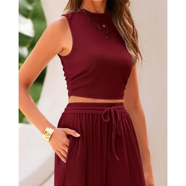 imageBTFBM Women Summer 2 Piece Outfits Ribbed Knit Crew Neck Sleeveless Cropped Top Elastic Waist Wide Leg Pants Lounge SetSolid Wine Red